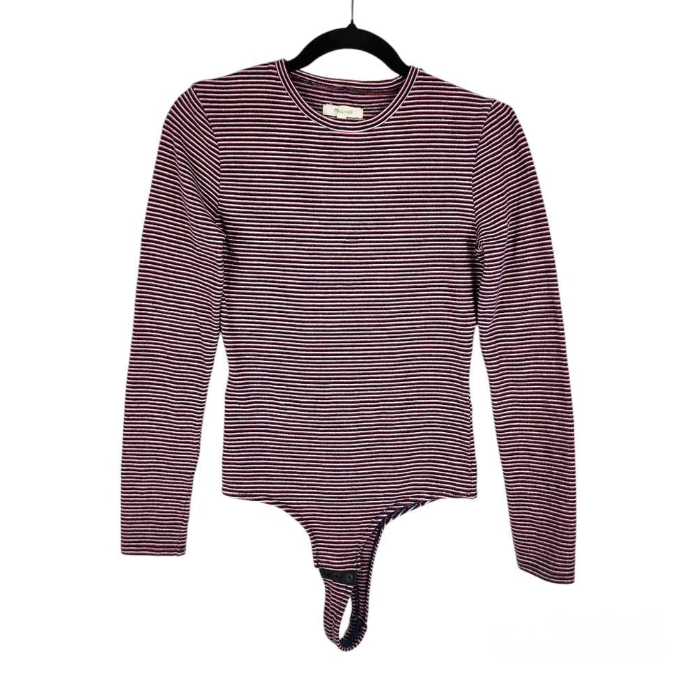 Madewell Long Sleeve Bodysuit Top Crewneck Striped Red Navy White Size M
